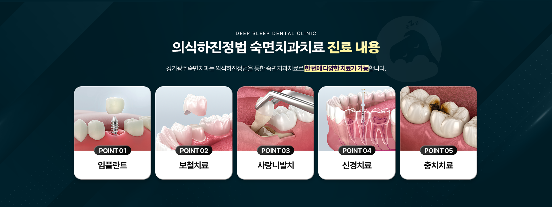 의식하진정법 숙면치과치료 진료 내용-
                POINT 01.임플란트, POINT 02.보철치료, POINT 03.사랑니발치, POINT 04.신경치료, POINT 05.충치치료
